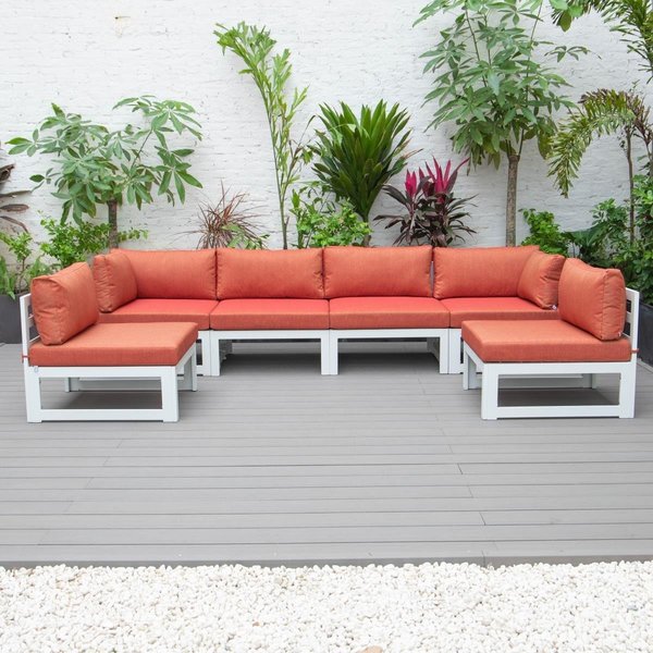 Leisuremod Chelsea Patio Sectional for White Aluminum with Cushions, Orange - 6 Piece CSW-6OR